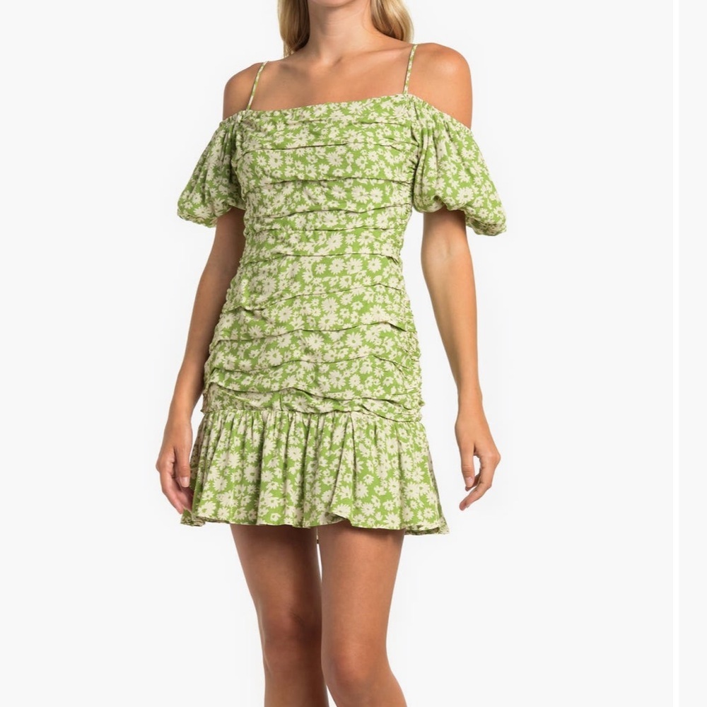 ASTR Green Ruched Floral Mini Dress, Medium